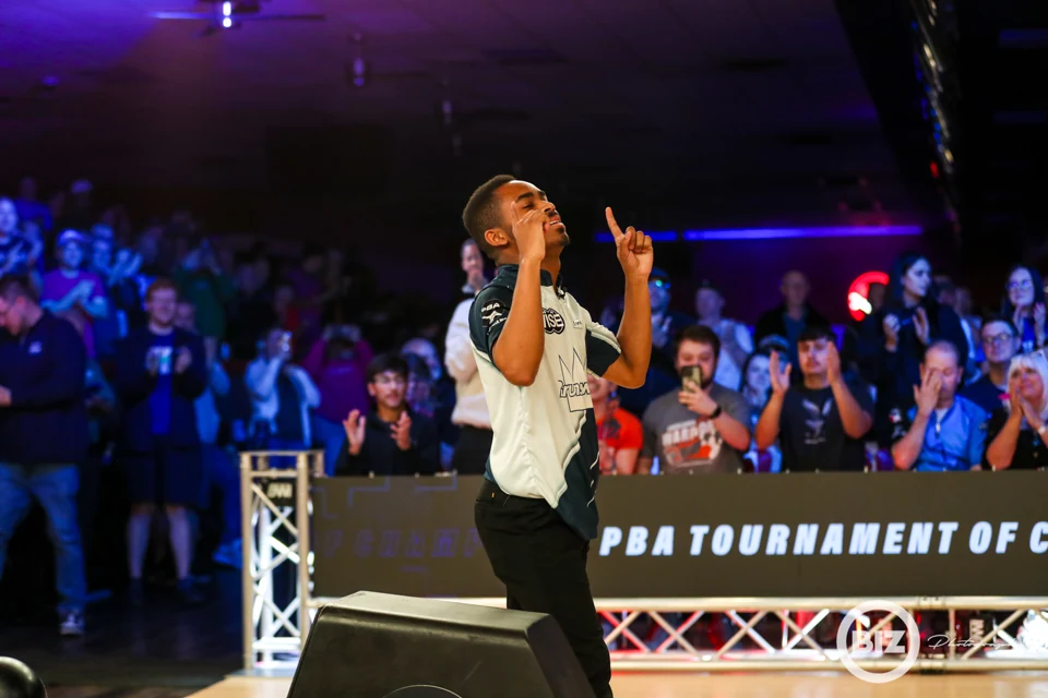 Bowler celebrating in front of the Tournament of Champions crowd