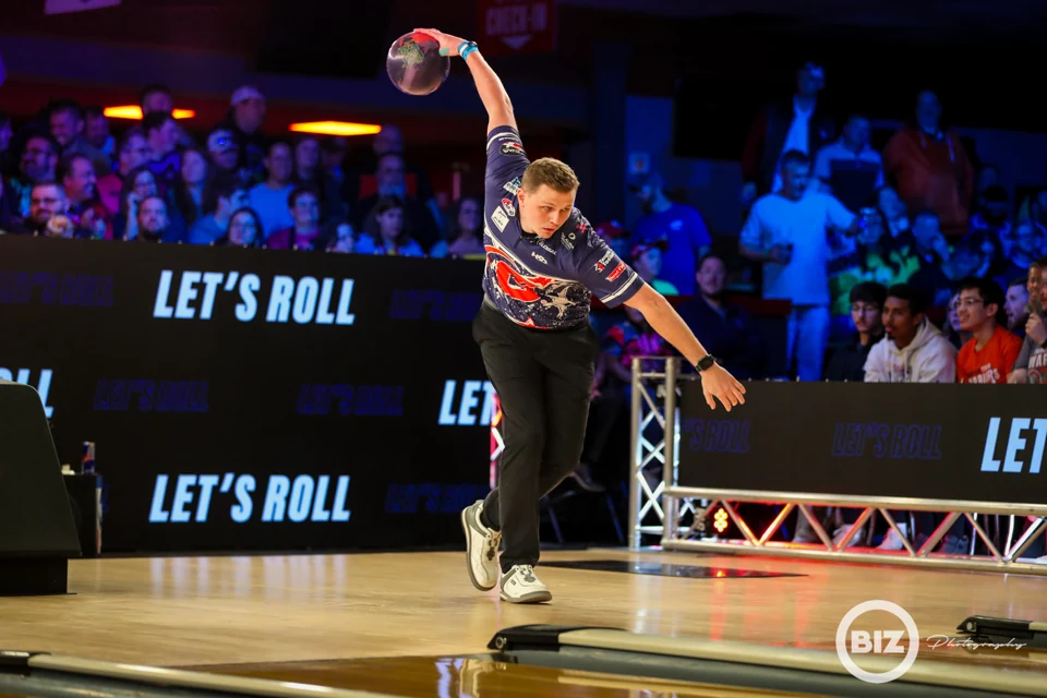 Professional bowler in mid-delivery at the PBA Tournament of Champions